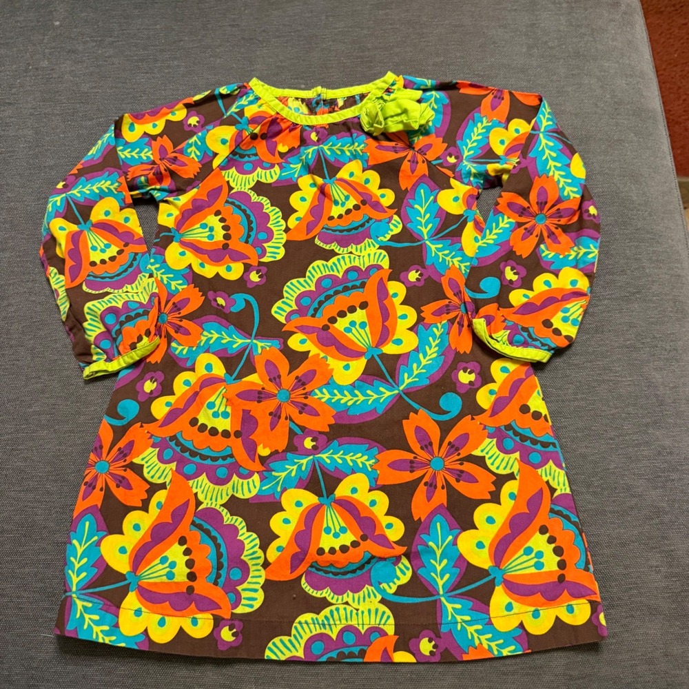 J Khaki Girls 4T Floral Long Sleeve Dress Brown Orange Psychedelic‎ Cotton 31104